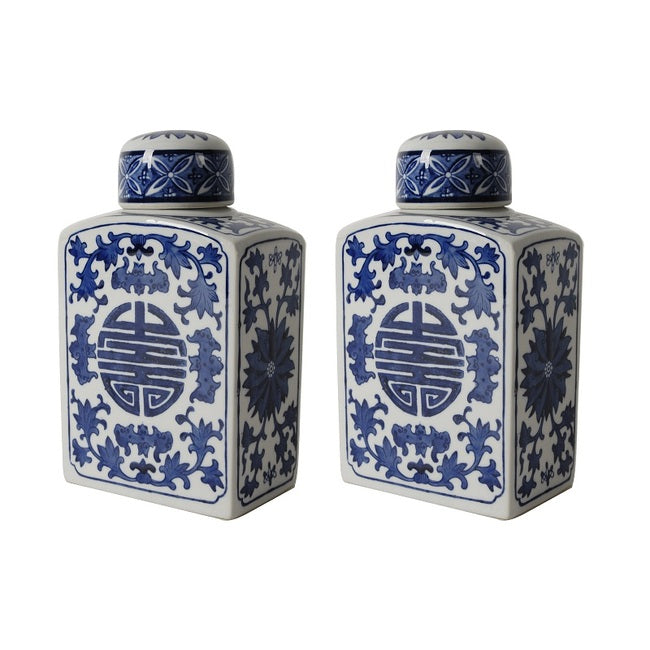 Ming Rectangular Lidded Jar Set of 2 Blue and White