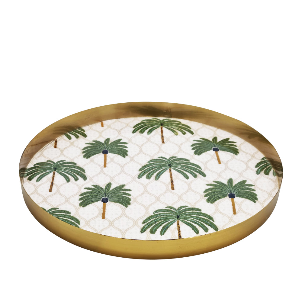 Palm Metal Round Large Serving Tray Gold