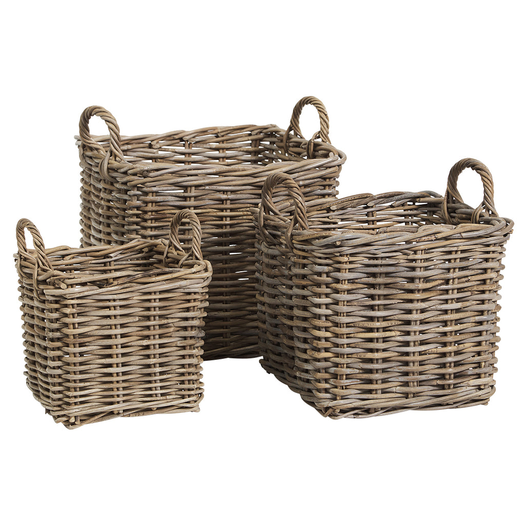Corbeille Rattan Square Baskets Set of 3 Greywash